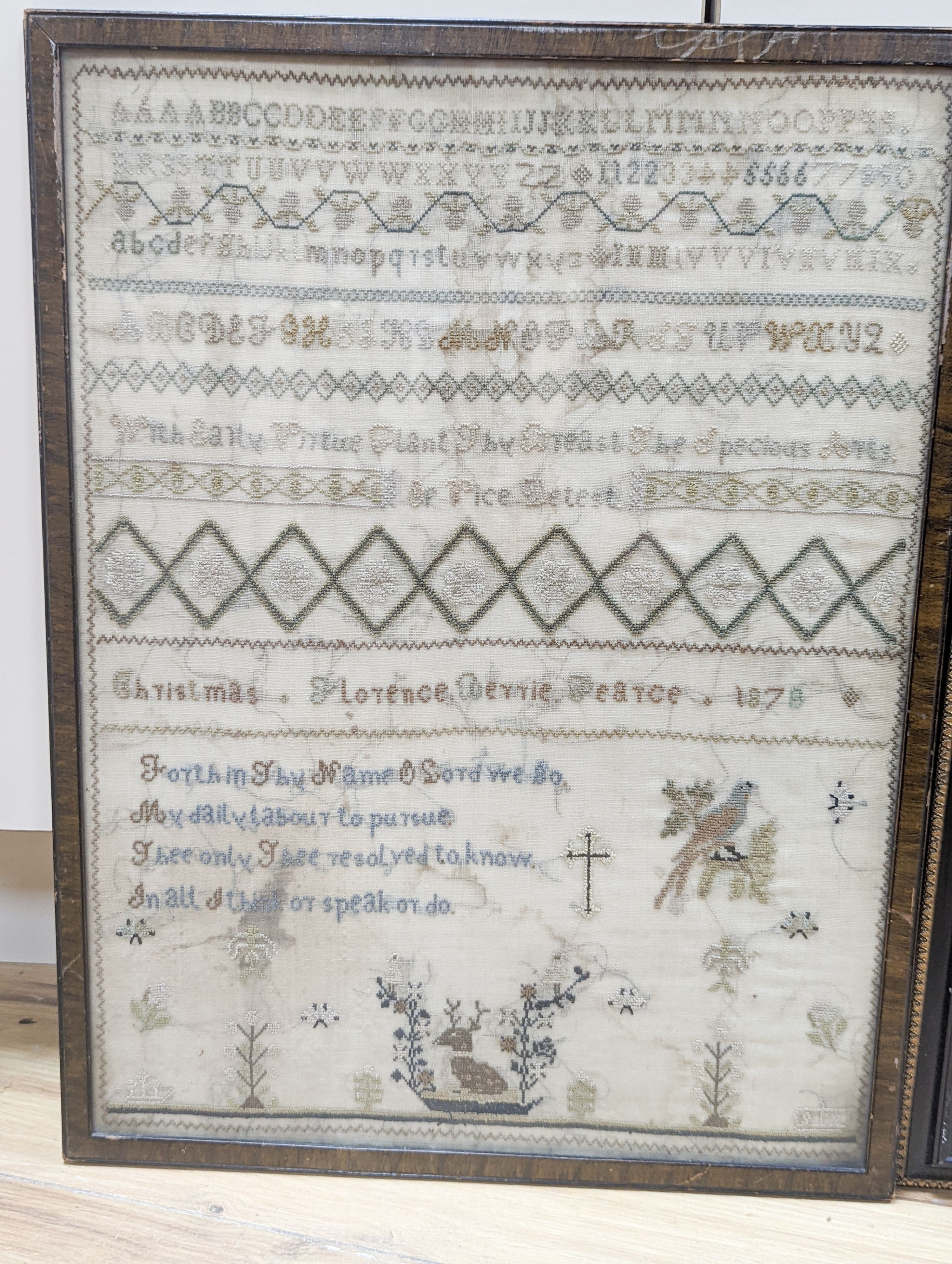 Two 19th century samplers, dated 1878 and 1810, framed.largest 40x30cm